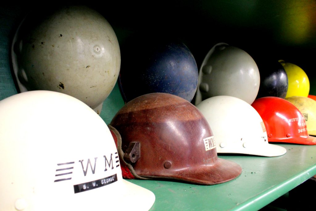A collection of Western Maryland and other railroad hardhats.