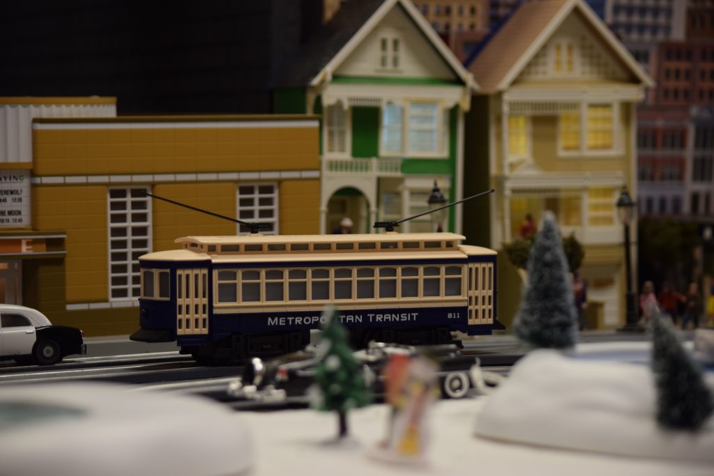Trolly car and city scape - "Christmas at the Roundhouse" model train display.