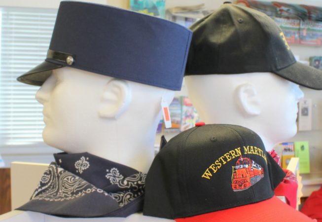 A hat display in the giftshop at the Hagerstown Roundhouse Museum.