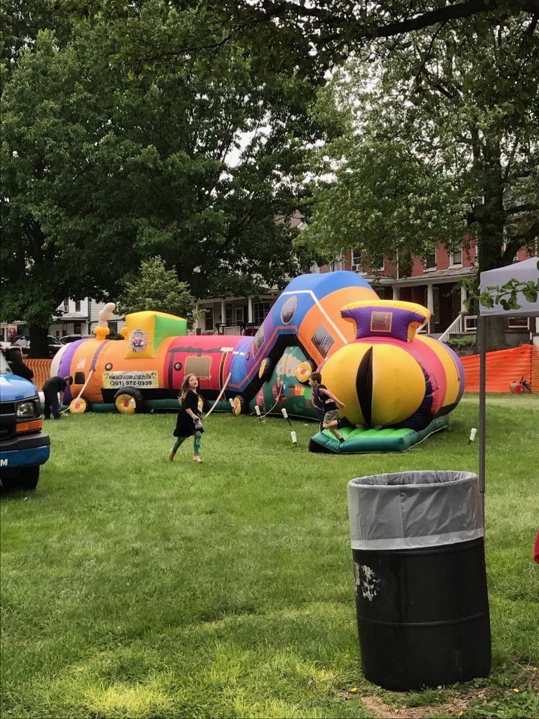 A children’s bouncy unit in the shape of a train – entertainment during Railroad Heritage Days at the Hagerstown Roundhouse Museum.