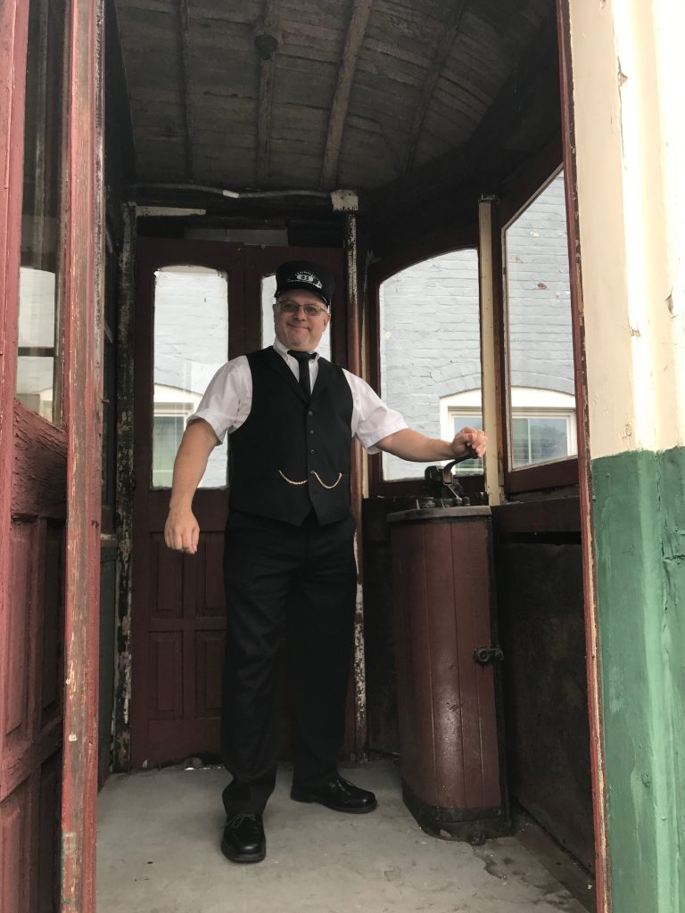 Engineer inside trolly, rolling stock of the Hagerstown Roundhouse Museum during Railroad Heritage Days.